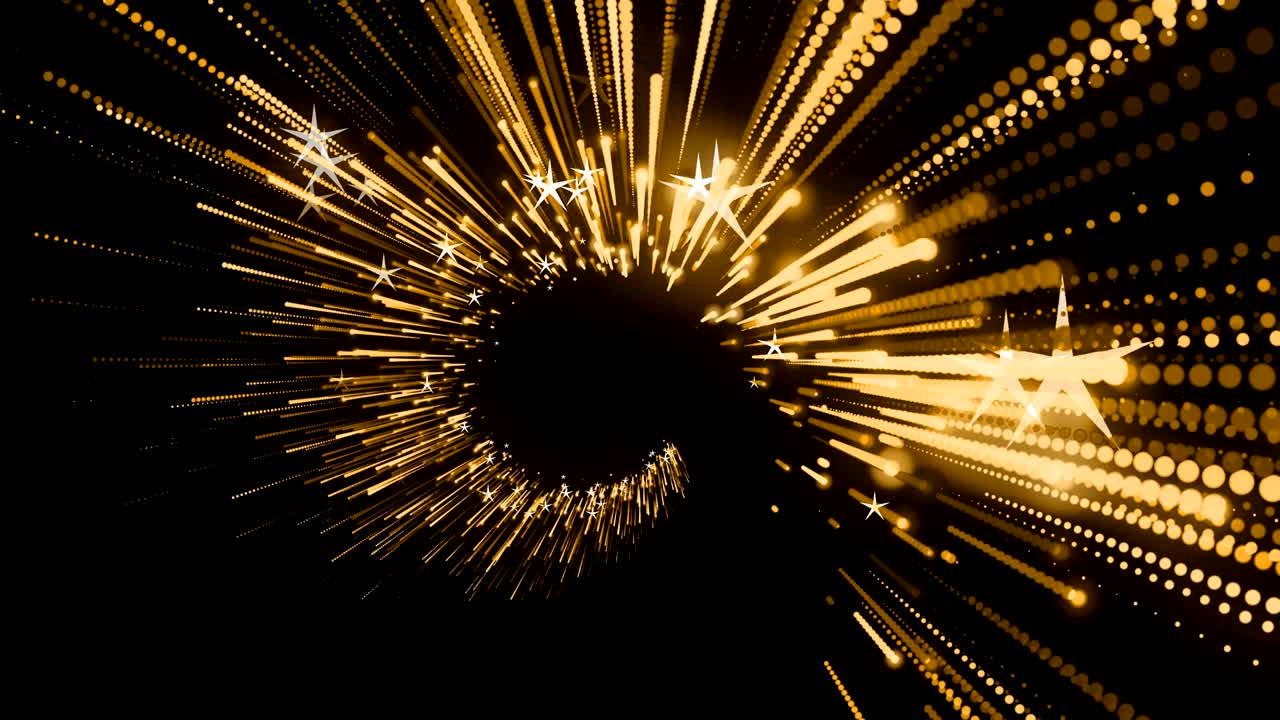 빛의 흔적과 별들이 검은 바탕에 몽환적인 움직임으로 움직이는 반이는 반점들의 애니메이션