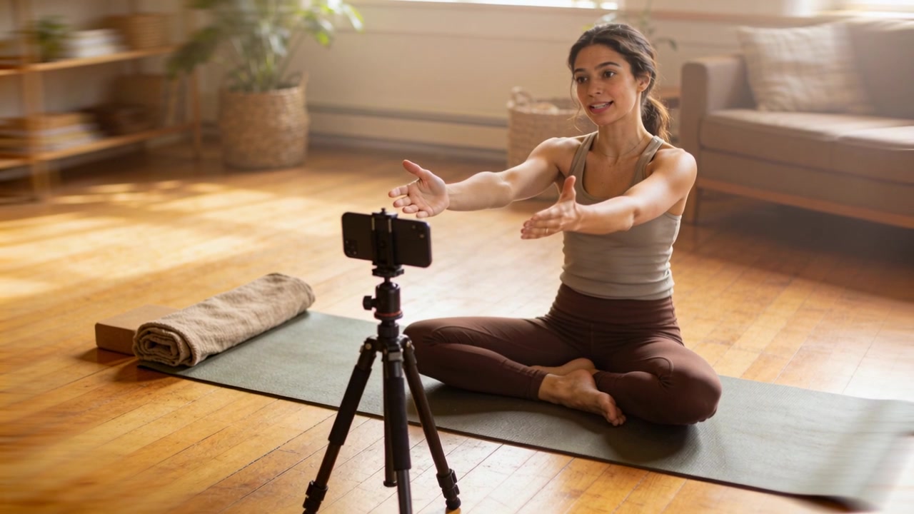 Smartphone em tripé gravando, mulher em roupa esportiva guiando a respiração em tapete de yoga para espectadores.