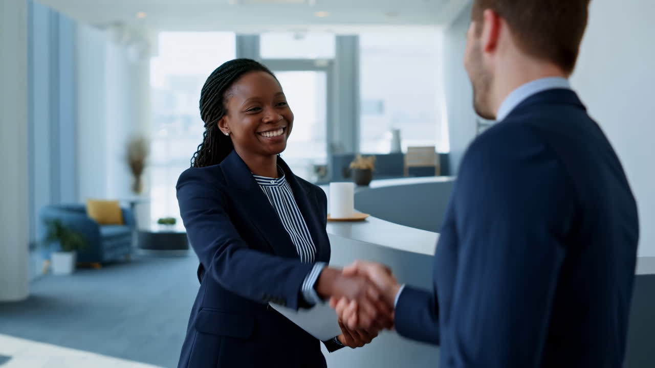 Black Candidate Extends Hand To White Recruiter In Bright Reception Area, Smiling And Offering Portfolio,