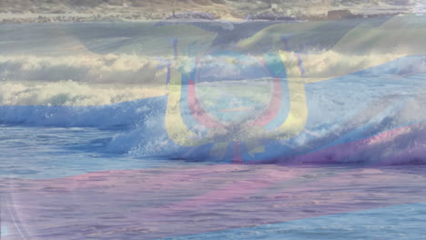 animation of flag of ecuador blowing over waves in sea