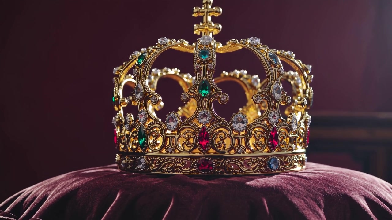Corona real dorada y ornamentada descansando sobre un cojín de terciopelo