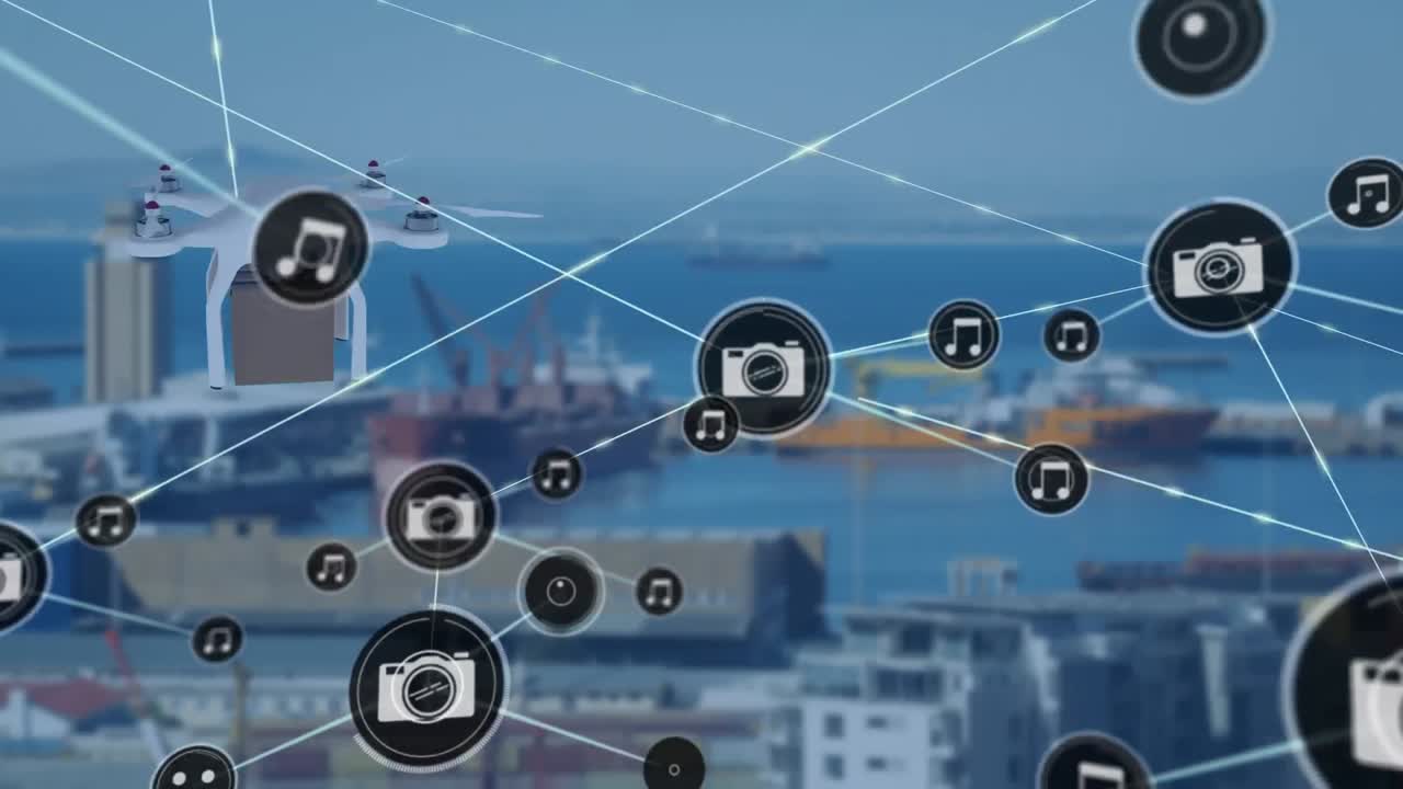 드론을 통한 연결 네트워크의 애니메이션과 항구를 통한 패 ⁇