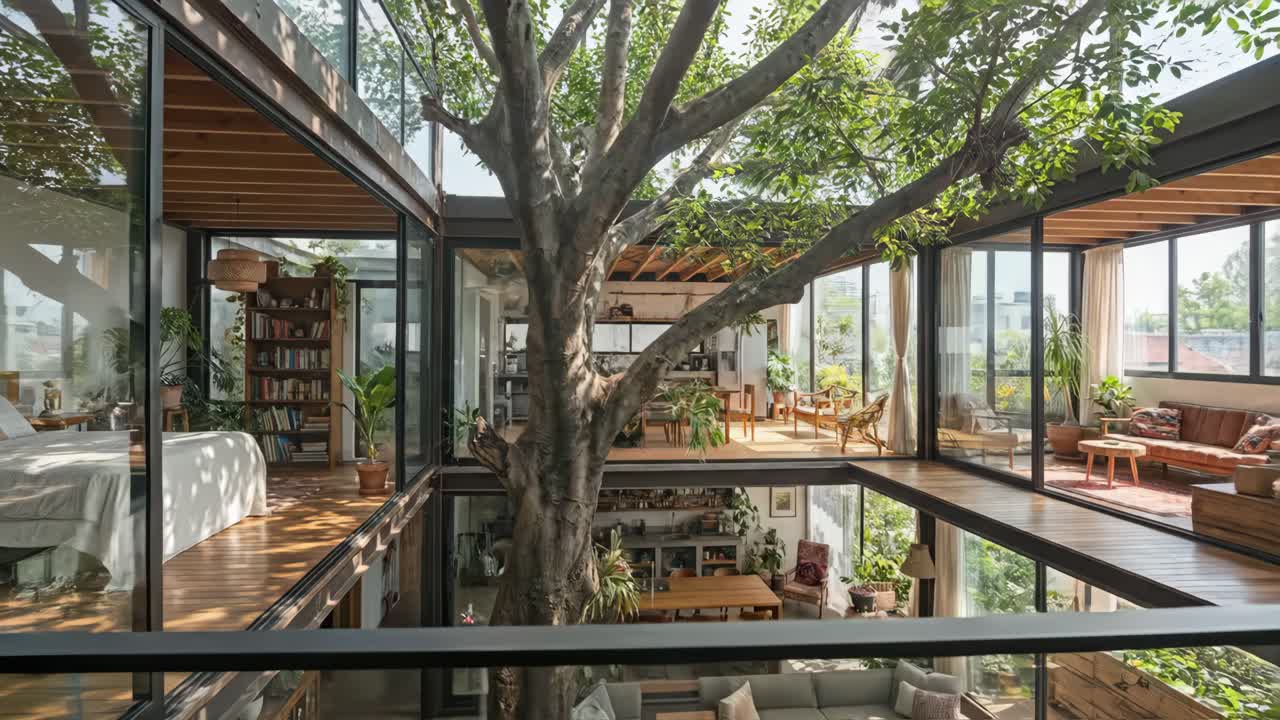 Casa moderna spaziosa con albero da interni e vetrate