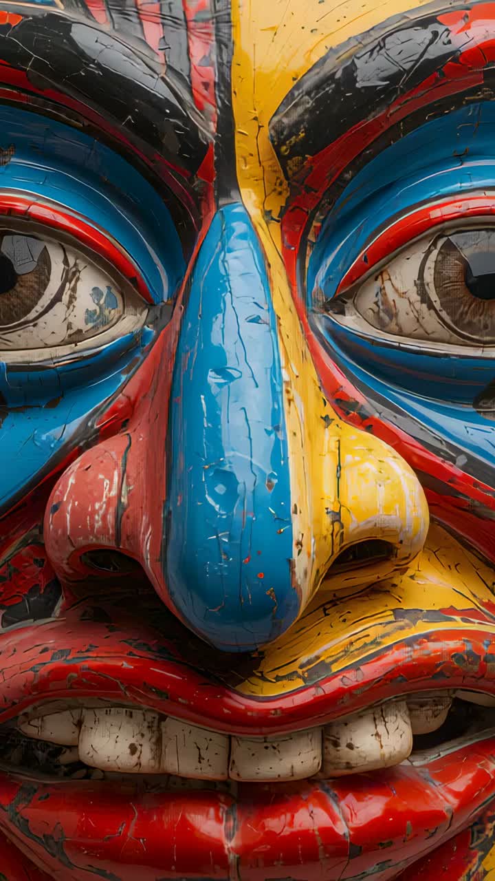 Vertical video: Panning camera nudging painted mask right in closeup, showing blue nose and chips