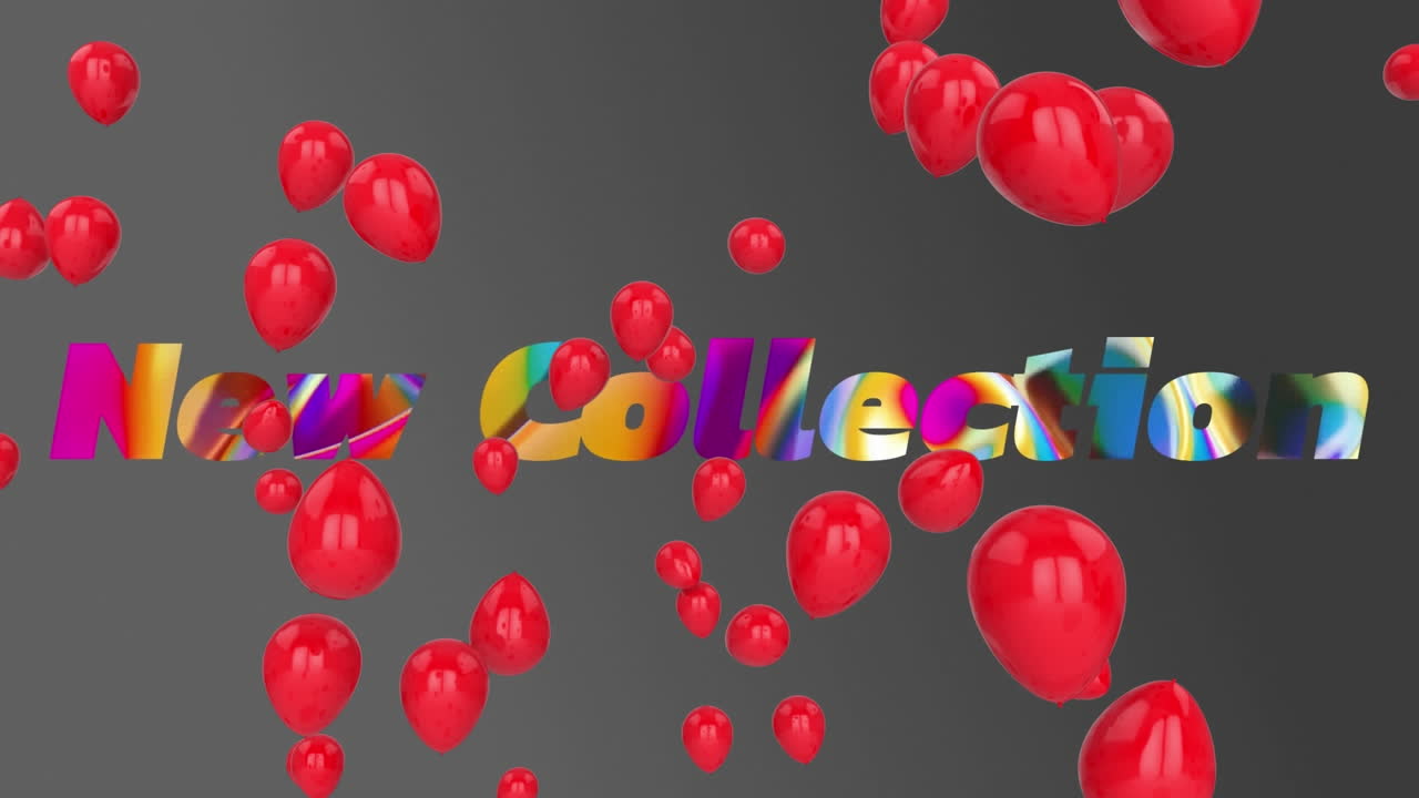 animación de globos rojos sobre el texto de la nueva colección en fondo gris