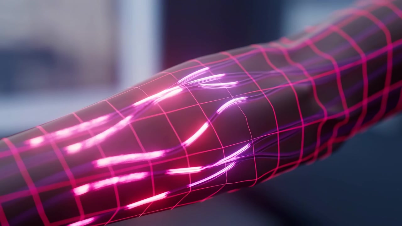 Motivo astratto al neon che scorre su una forma curva e liscia con riflessi luminosi, sfondo scuro e un'atmosfera digitale futuristica.