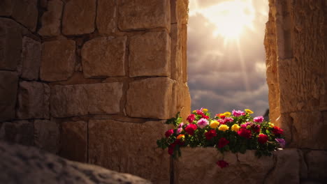 religious images: jesus on donkey and flowers in window