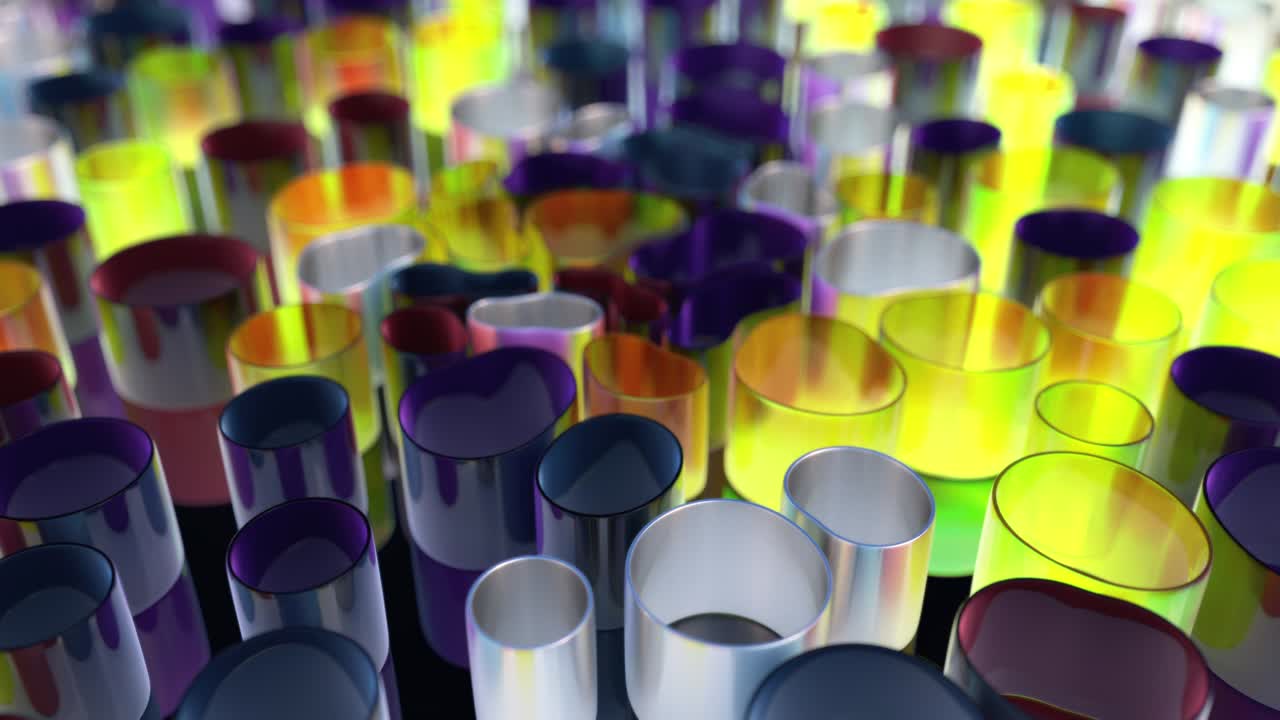 다채로운 3d 애니메이션 구성: 부드러운 원통 모양의 튜브가 중심에 끌려 움직일 때 변형됩니다.