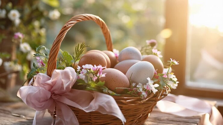 Sunlight spills through a window, warming a wooden table. Wicker basket holds colorful eggs, nestled among flowers. Pink ribbon ties the arrangement, soft and sweet. Eggs gleam in gentle light