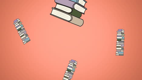 animación digital de múltiples pilas de íconos de libros contra un fondo naranja