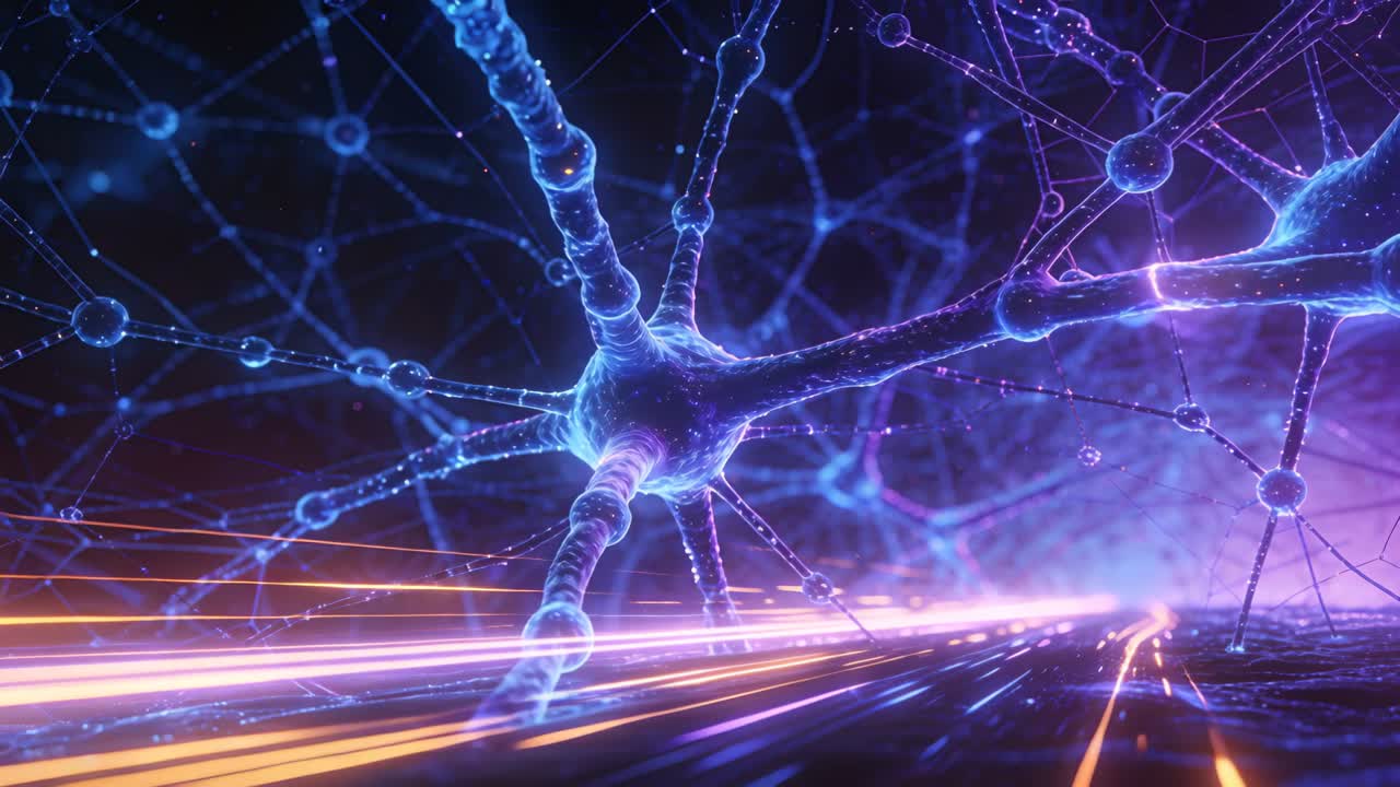 Camera moving forward on neon lanes, glowing neuron pulsing, beads shining showing neural network