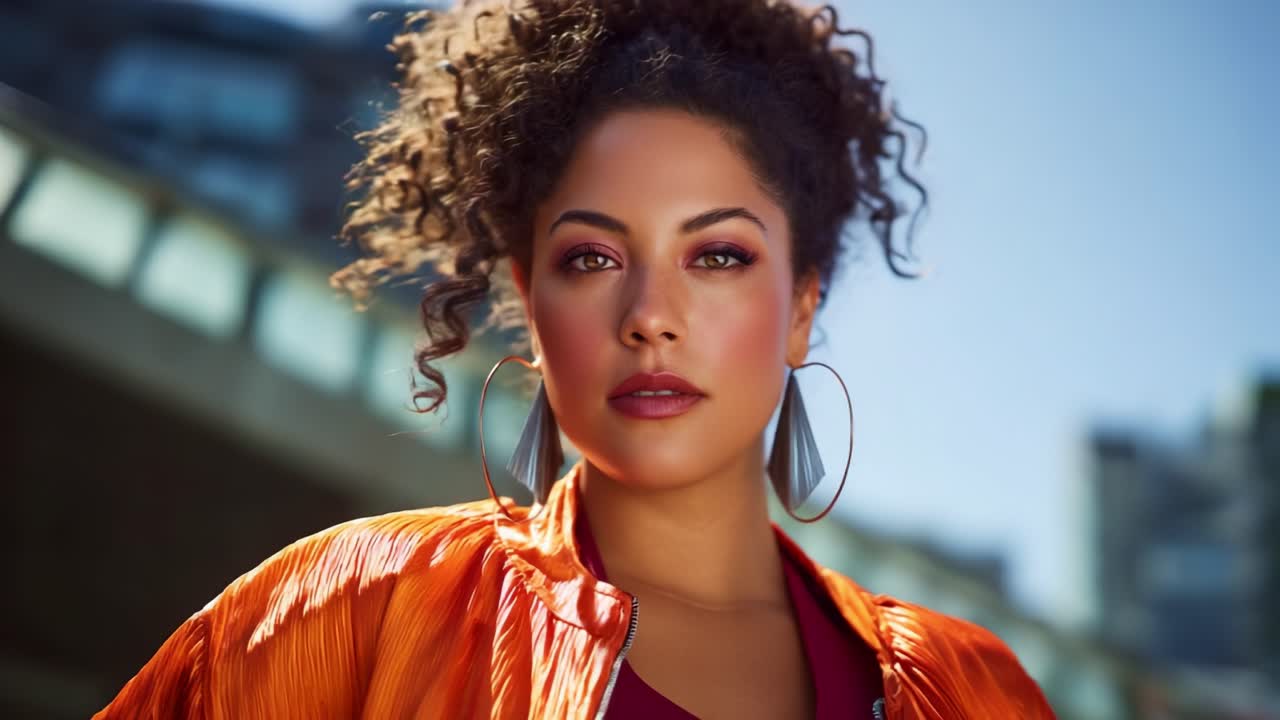 Stylish Portrait of a Confident Woman in Vibrant Orange Jacket and Bold Makeup, Radiating Charm and Energy Against a Bright Urban Backdrop of Clear Blue Sky