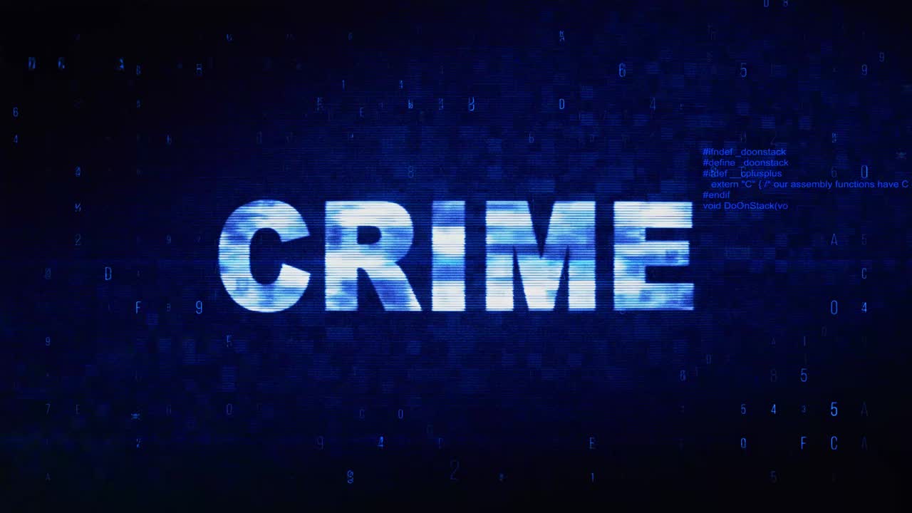 Testo "Crimine" con rumore digitale, effetto twitch e glitch su schermo TV, sfondo animato in loop per login e