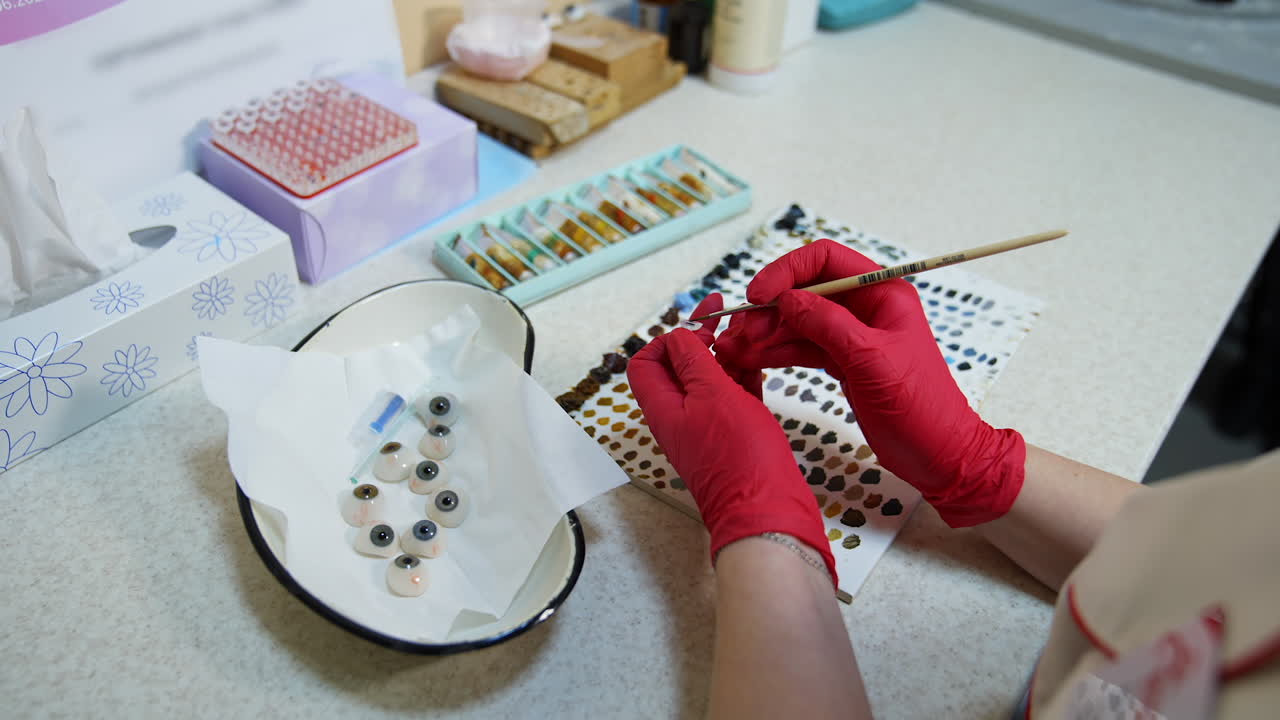 Hands in pink gloves holds plastic eye. Ocular prosthesis, diagnosis treatment of ophthalmic diseases, surgical operations on eyes.