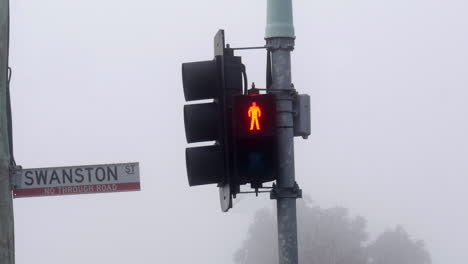 pedestrian traffic signal flashing on a foggy morning