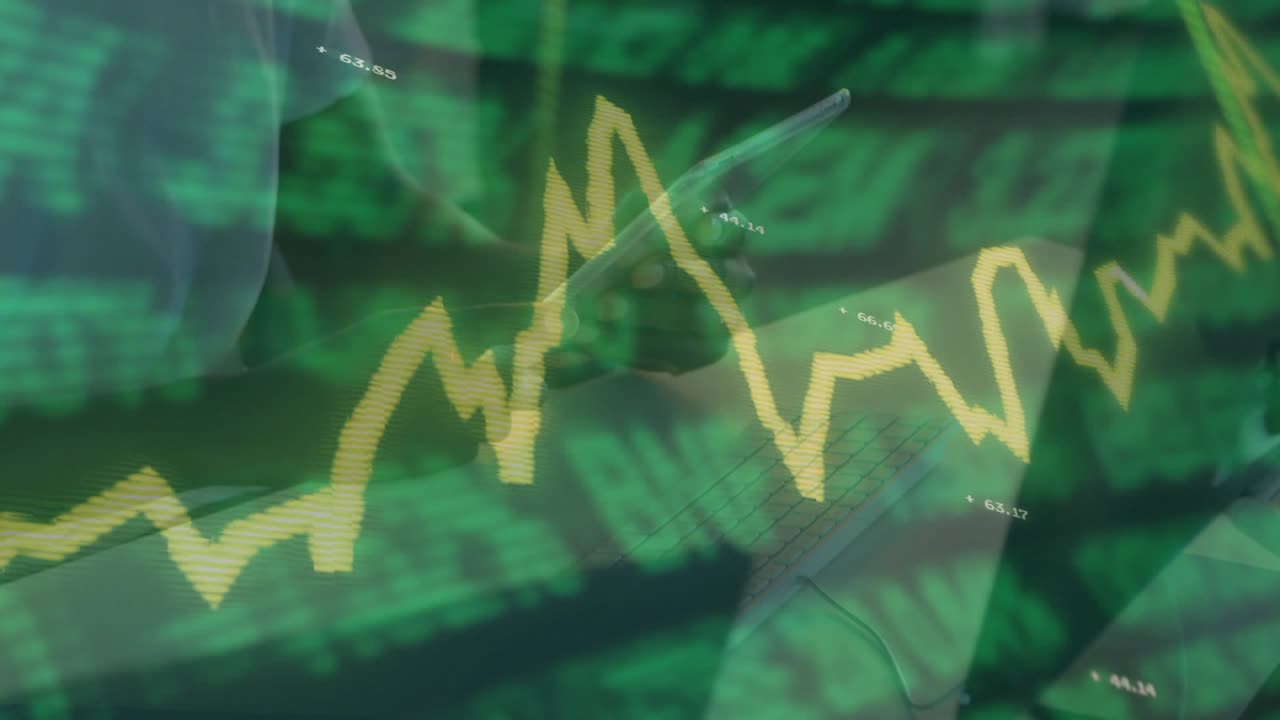 Stylus-wielding hand tapping keyboard and tracing chart showing price labels for financial analysis