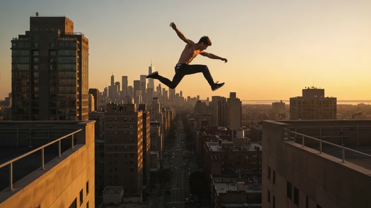 Dynamic Urban Acrobatics: Captivating Jumping Scene Over Rooftops at Sunset with a Stunning Skyline Backdrop Highlighting Urban Adventure and Athleticism