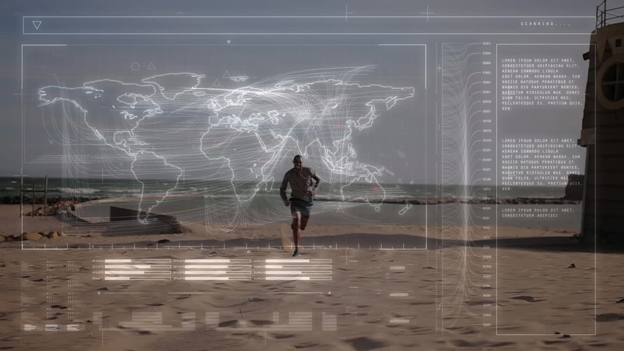 Animazione di uno schermo digitale e una mappa del mondo su un uomo in forma che corre in riva al mare