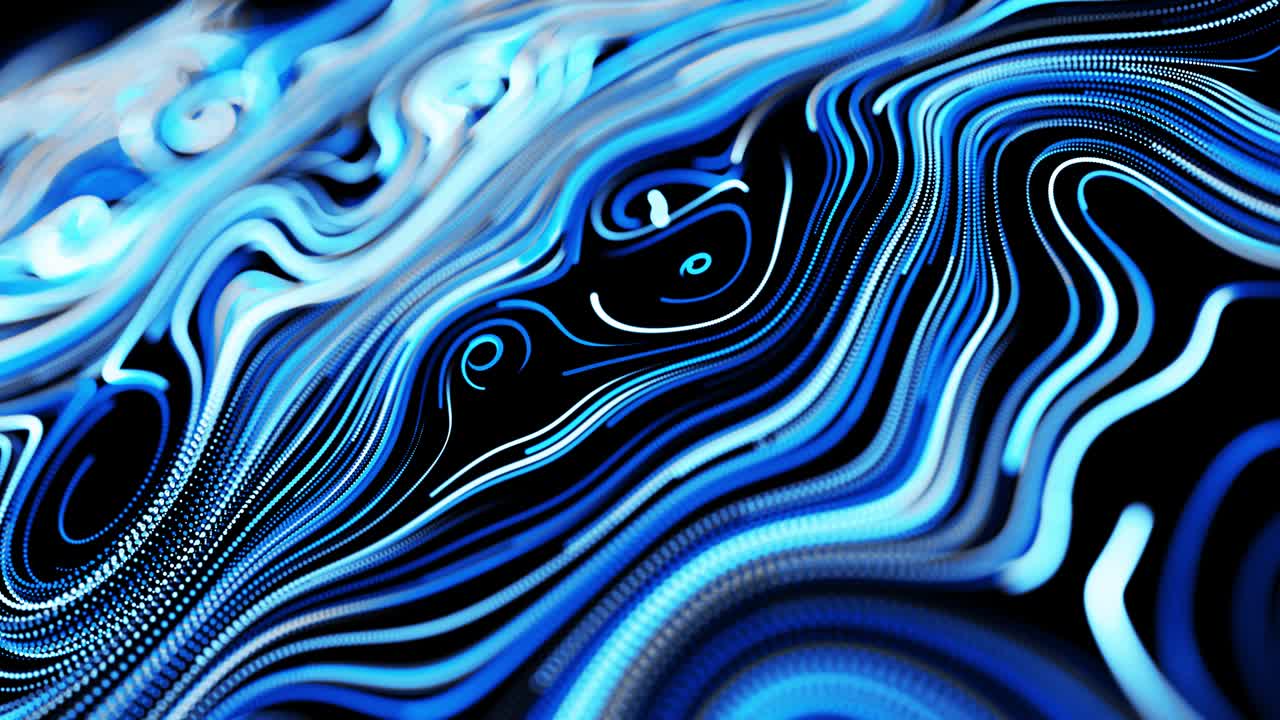 Abstract 3d looped background with lines form swirling pattern like curle noise with light streaks. Flow of particles forms curled lines like blue glow trails. Beautiful swirls of lines as abstract bg