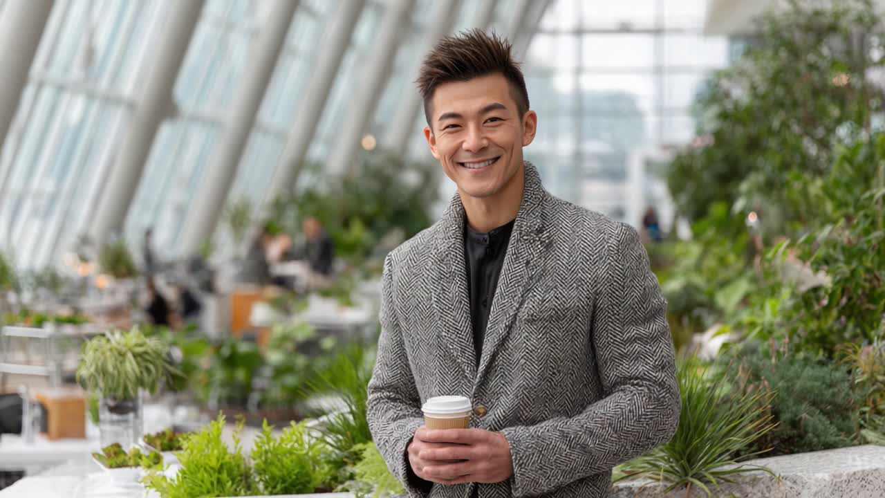 A Well-Dressed Man Enjoys His Coffee in a Lush Indoor Garden Space, Radiating Joy and Charm Amidst a Modern Urban Ambiance