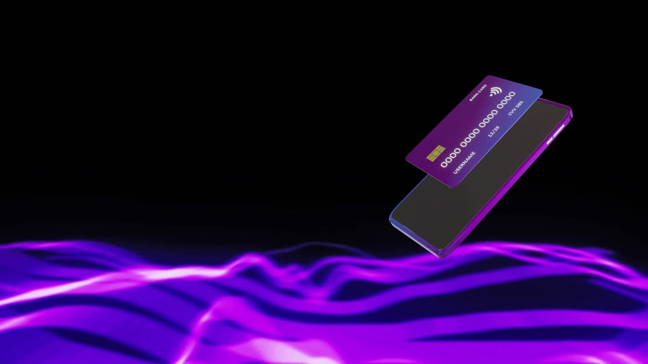 Animation of credit card and smartphone over black background