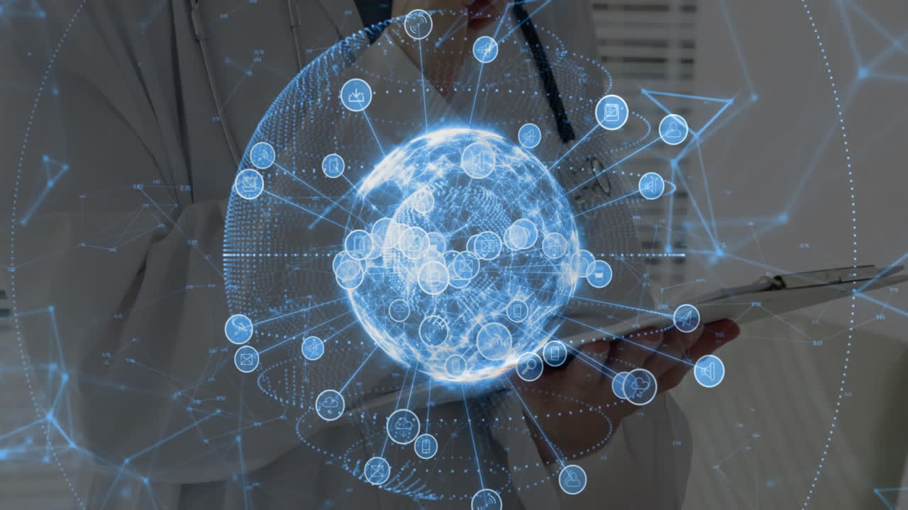 Medical professional holding tablet while projecting holographic globe with network icons