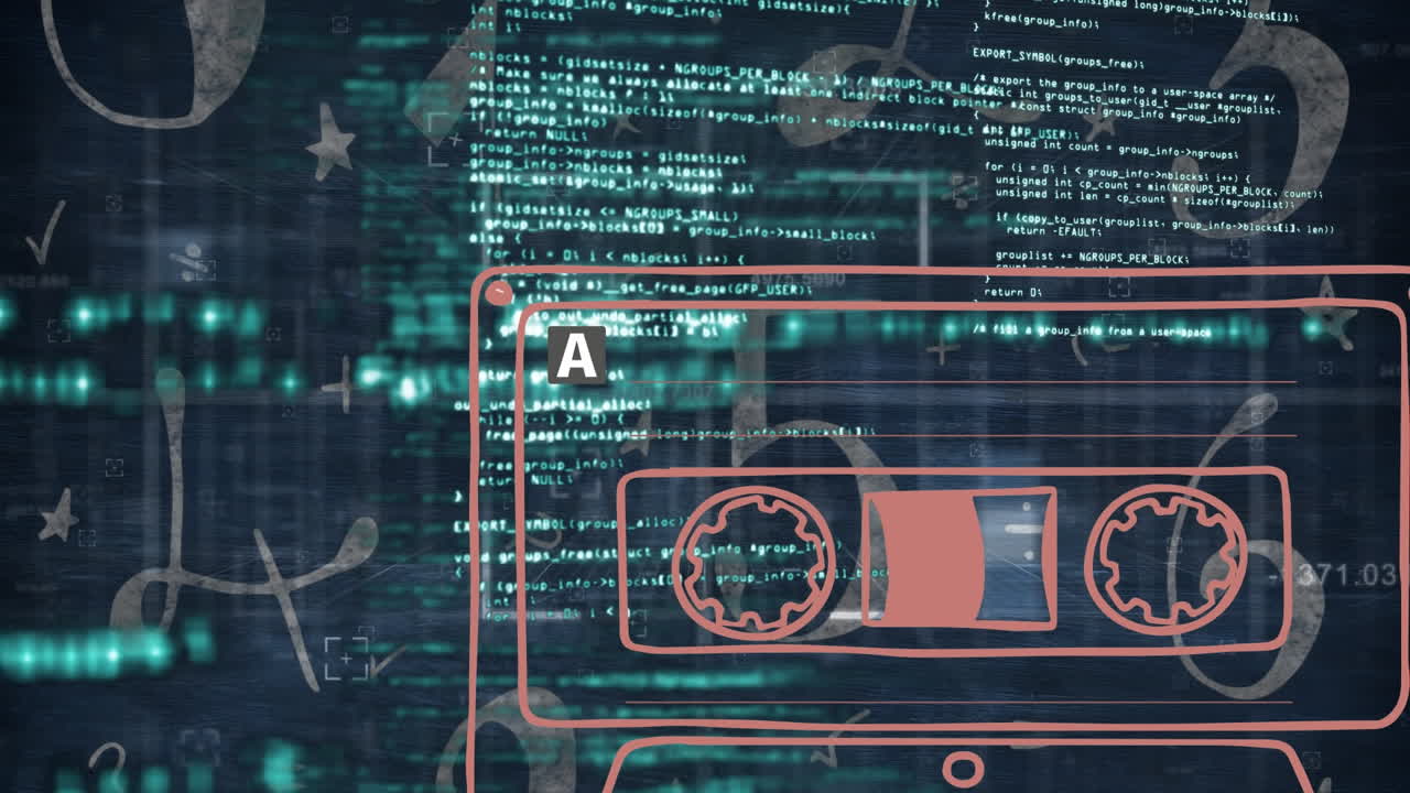 Animation of tape icon over data processing on black background