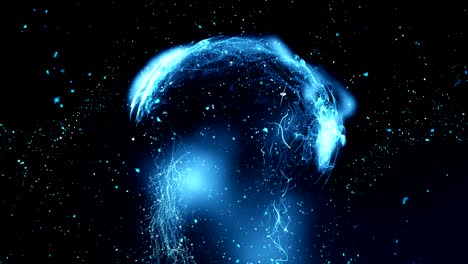 3 dimensions of the display in the future, the movement of particles that coalesce into blue spheres with blue lines distributed continuously through the concept of cyber information technology.