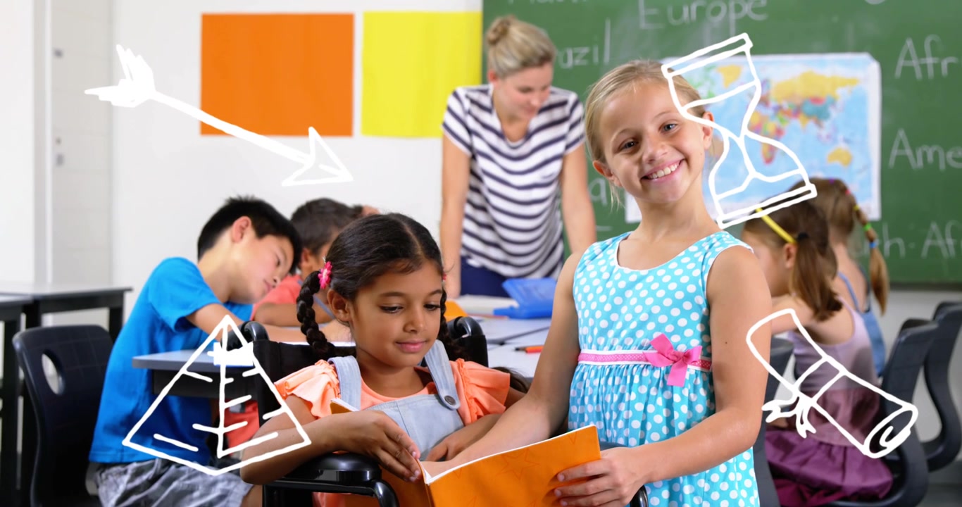 Animation of school concept icons over caucasian girl holding a book and smiling at school