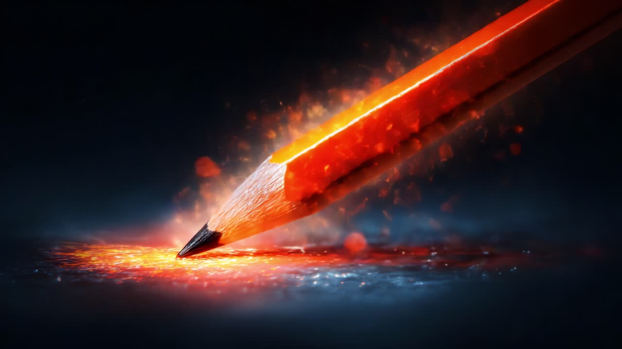 An Intense Portrait of a Vividly Colored Pencil Creating Sparks, Symbolizing Creativity and Imagination in a Dark and Mysterious Environment with Fiery Elements