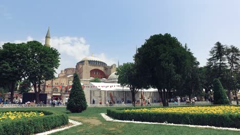 hagia sofia in istanbul seen from sultanahmend park with spring flowers