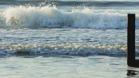 stormy sea with crashing waves reaching shore and flooding wood during sunlight