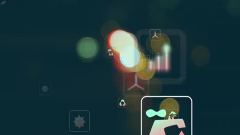 animation of multiple icon in squares over blurred lights of moving vehicles on street in city