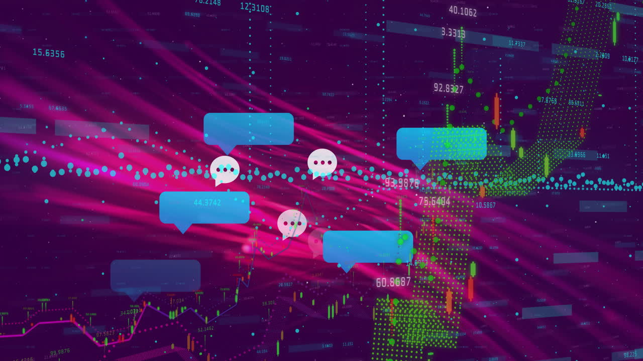 Chat bubbles and digital data processing animation over financial stock market graph