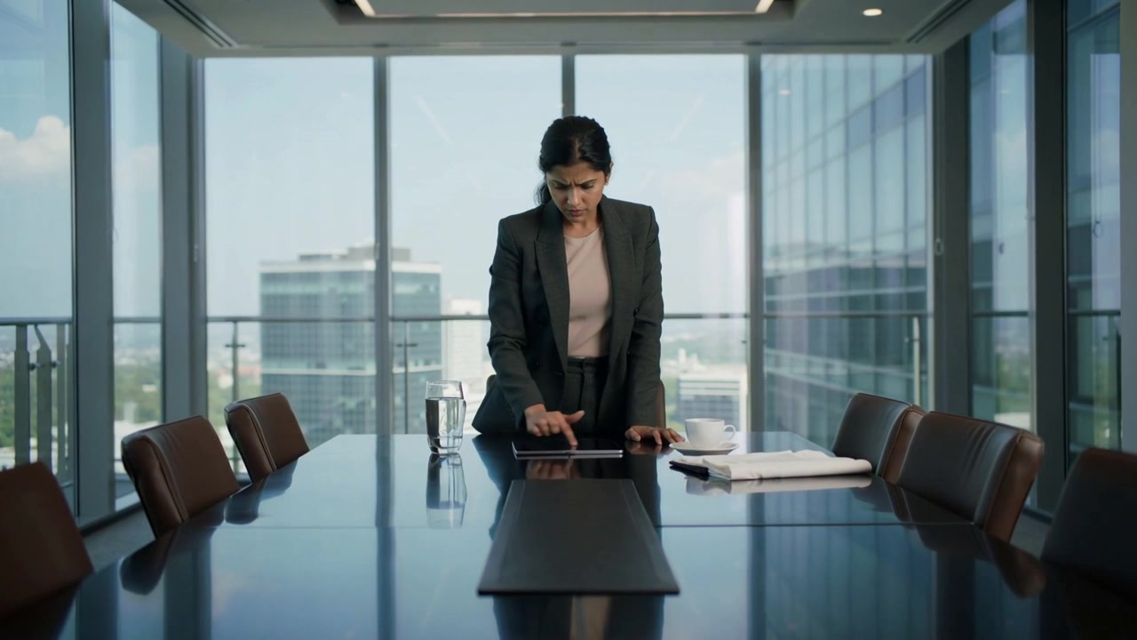 Entering woman in dark blazer tapping tablet at boardroom, preparing meeting with papers nearby