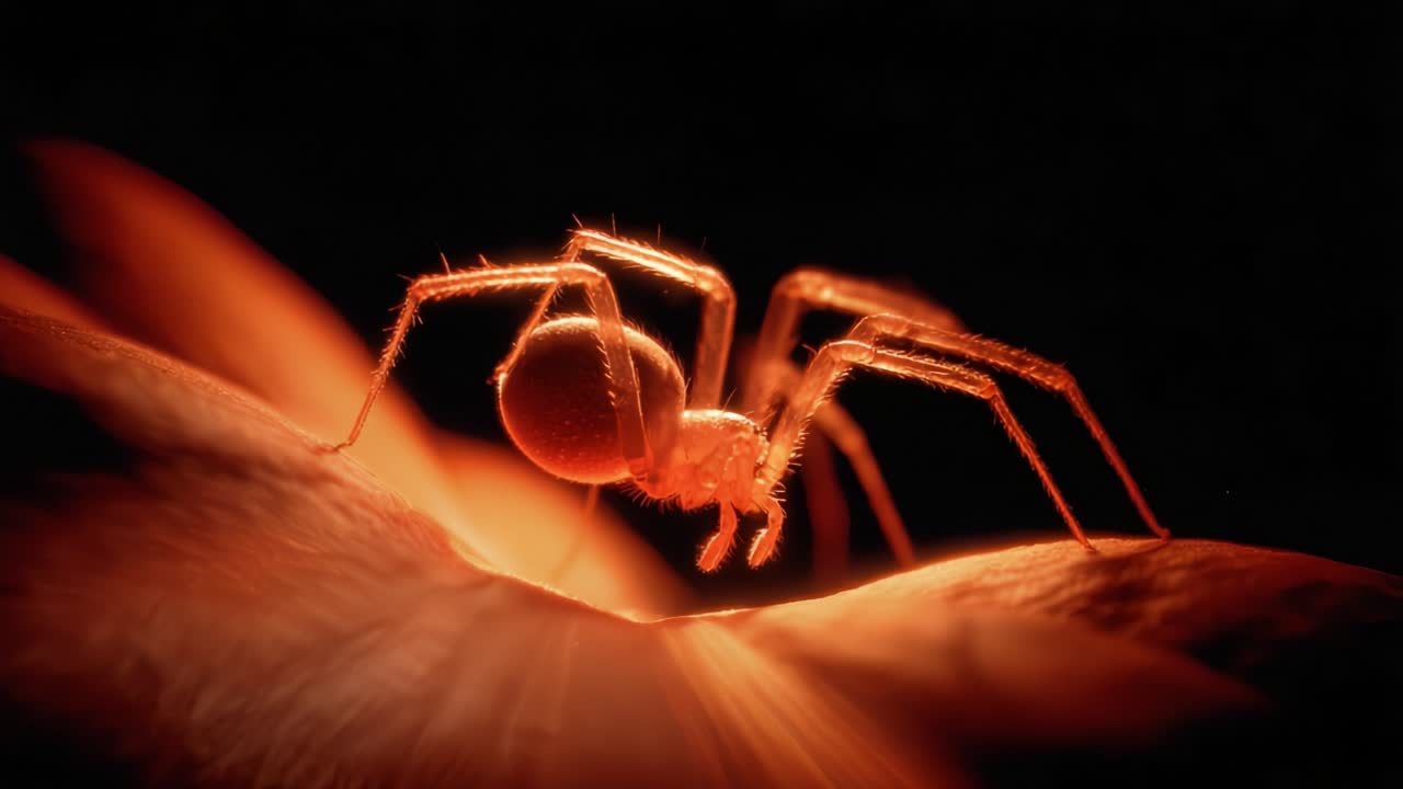 An Intriguing Close-Up of a Spider Illuminated in a Fiery Glow, Capturing the Intricacies of Its Form and Movement in Stunning Detail