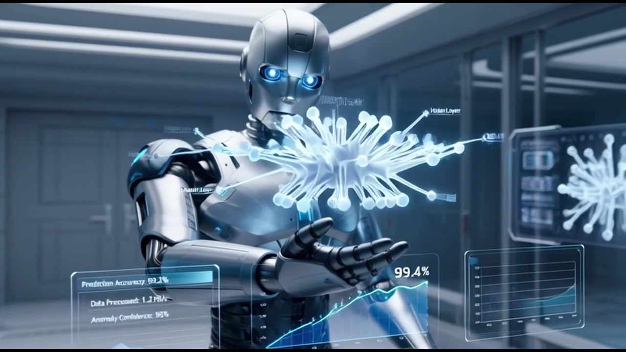 Advanced Humanoid Robot Analyzing Digital Neural Network Model