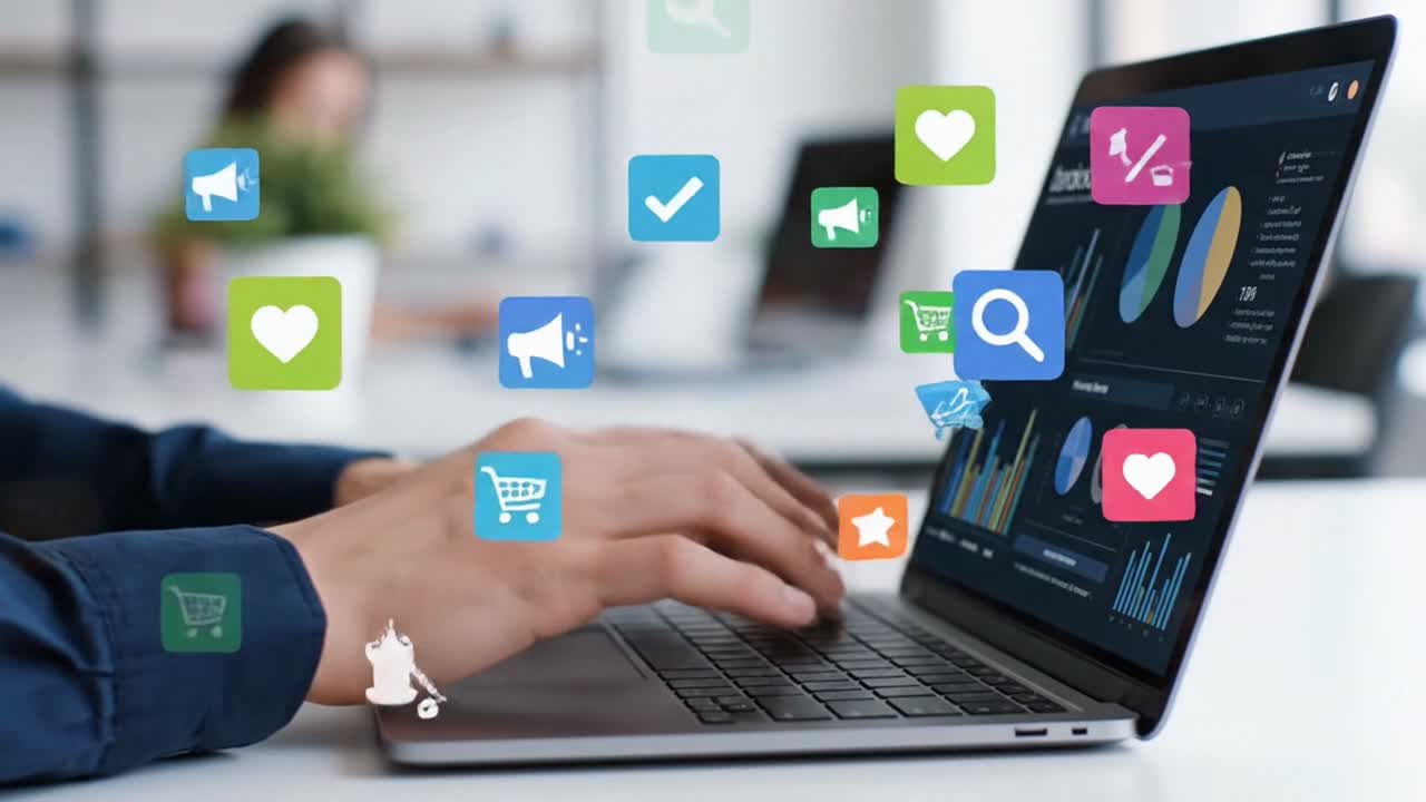 Digital Marketer Analyzing Data on a Laptop with Social Media Icons Floating