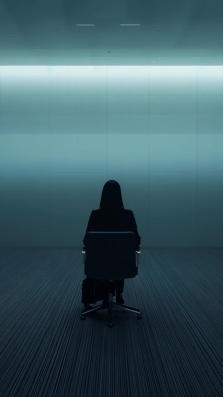 Vertical video: Sitting woman in dark jacket turning head right after long pause in studio