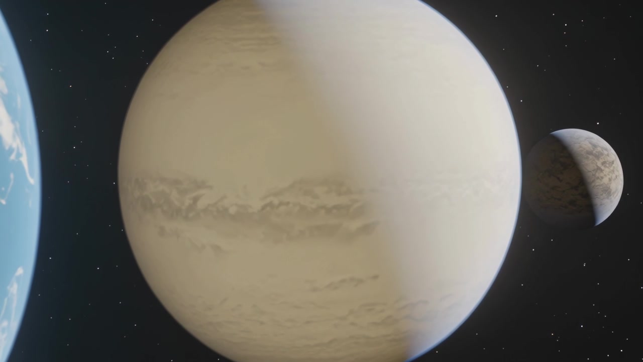 Camera starting zoom, revealing pale-beige planet details, blue planet left, rocky moon right
