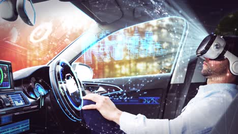 animación de un paisaje urbano en 3d sobre un hombre de negocios que usa auriculares vr en un coche autónomo