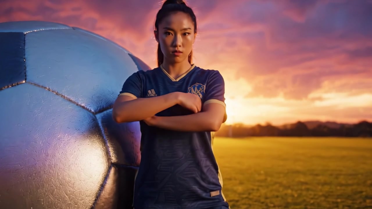 Un'ispiratrice giovane calciatrice si erge con sicurezza accanto a un pallone da calcio gigante al tramonto, mostrando forza, determinazione e passione per il gioco