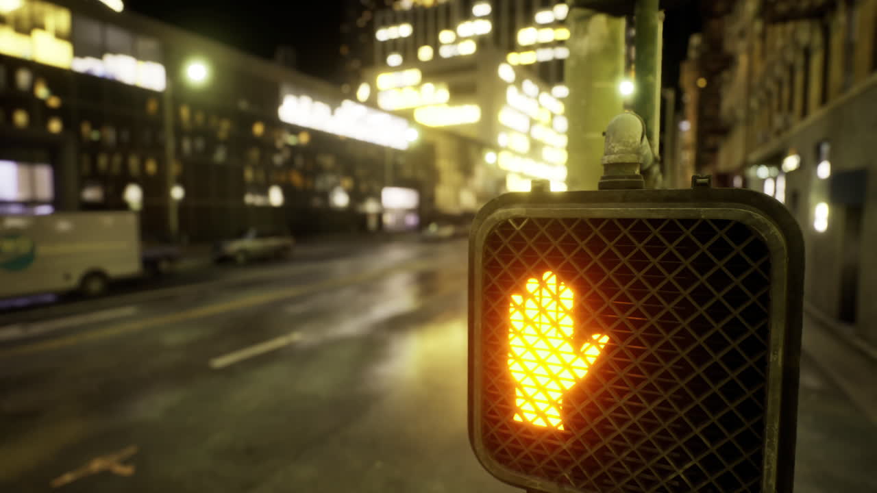 Orange hand signal directing pedestrians in a busy night city