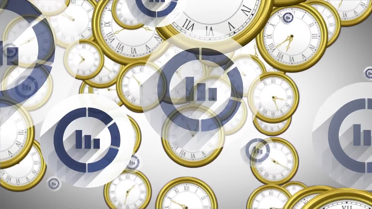 Animazione di icone di grafici su orologio che cade su sfondo sfumato.