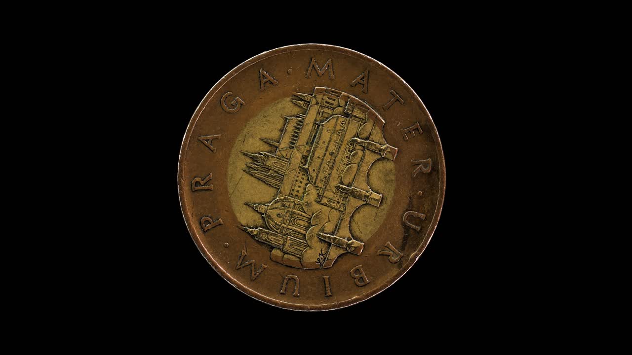 Czech Republic 50 korun 2008 reverse showing large denomination with Charles Bridge gateway, macro loop on black background