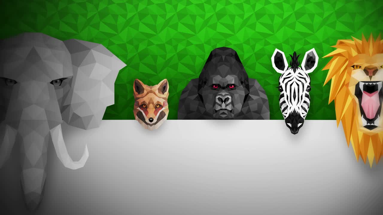 다양한 동물의 컬렉션. 동물원 기호. 낮은 다각형 아이콘. 사자, 고릴라, 제브라, 라쿠인, 여우, 코끼리, 사, 고도치, 부이. 기하학 루프 애니메이션 세트.