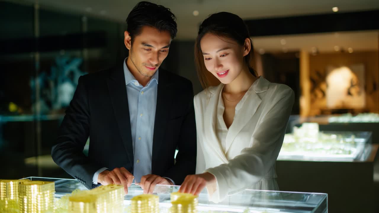 Một cặp đôi đang tận hưởng khoảnh khắc riêng tư và đầy suy tư, khám phá những bản thiết kế phức tạp hiển thị trên một chiếc bàn phát sáng trong bối cảnh hiện đại, được bao quanh bởi ánh sáng lung linh và ánh đèn dịu nhẹ