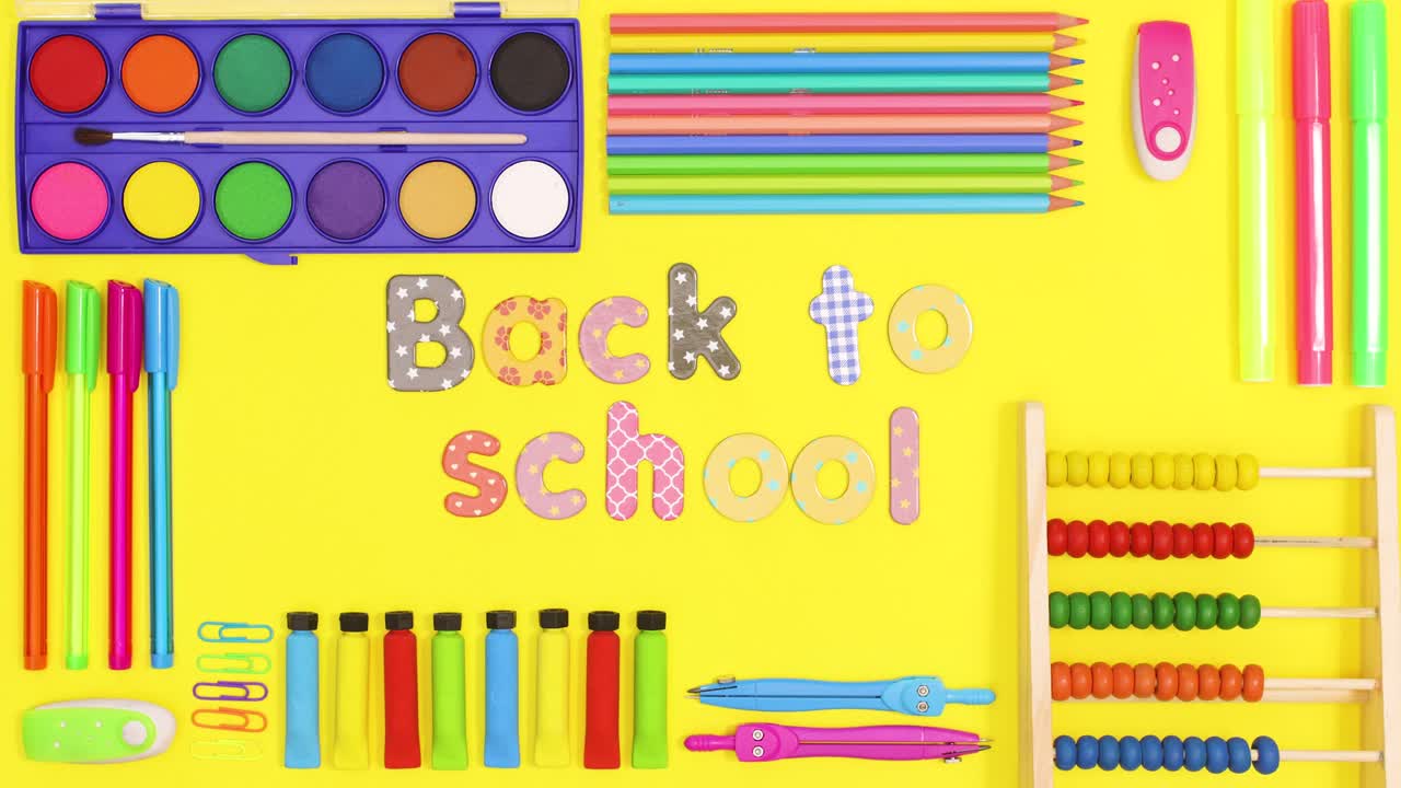 Creative school tools frame with Back to school text inside of frame on yellow theme. Stop motion