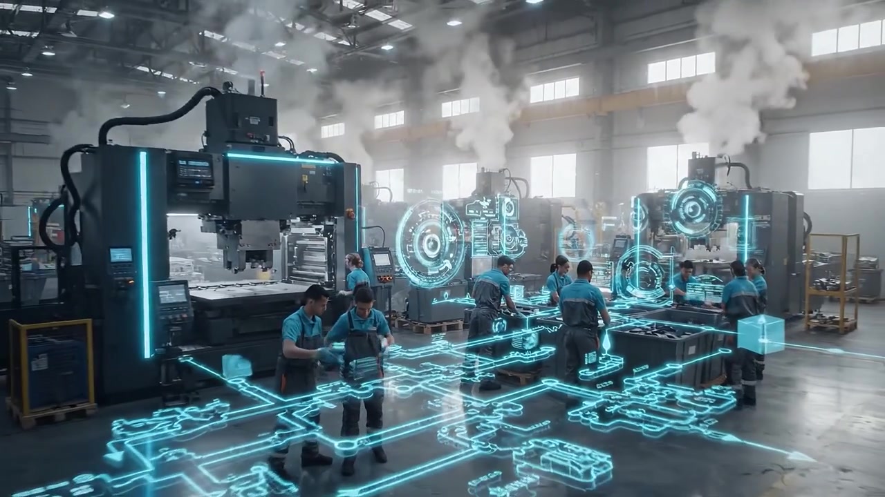 Factory Workers Interacting with Digital Interface in Smart Manufacturing Plant
