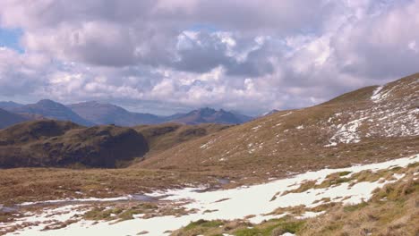 Hand-held-shot-of-the-stunning-mountain-range-at-Loch-Lomond-with-snow-remaining